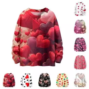 Свитшоты для женщин Вязаный свитер Милая рубашка Осенний круглый вырез Пуловер Топы L красный