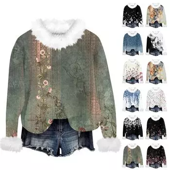 Свитшоты для женщин Вязаный свитер Милая рубашка Осенний круглый вырез Пуловер с меховым воротником Топы L синий