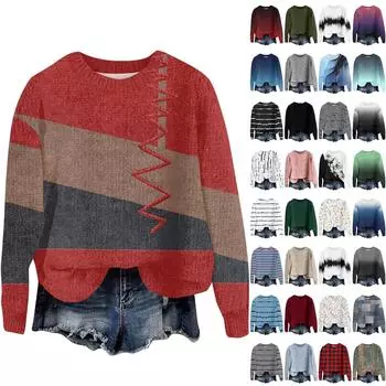 Свитшоты для женщин Вязаный свитер Милая рубашка Осенний круглый вырез Пуловер Топы L армия зеленый