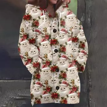 Свитшоты для женщин Вязаный свитер с длинным рукавом Принт Вязаный худи с пуговицами Кардиган Пальто L бежевый