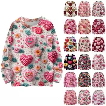 Свитшоты ко Дню святого Валентина для детей, вязаные свитера для мальчиков и девочек, симпатичные рубашки, осенние свитера с круглым вырезом, топы 150