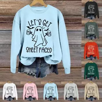 Свитшоты на Хэллоуин для женщин, симпатичная футболка с длинным рукавом с изображением призрака, модная толстовка XXL зелёный