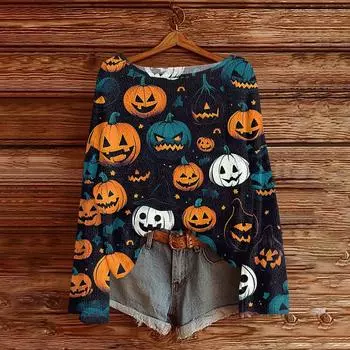 Свитшоты на Хэллоуин для женщин, вязаный свитер, милая рубашка, осенний свитер с круглым вырезом, топы XXL синий