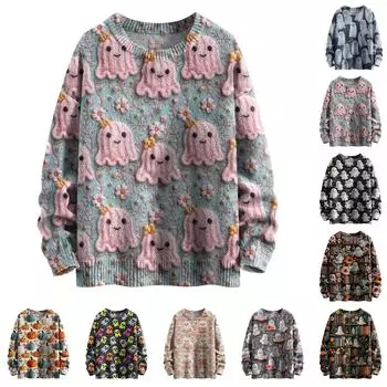 Свитшоты на Хэллоуин для женщин, вязаный свитер, милая рубашка, осенний свитер с круглым вырезом, топы S чёрный