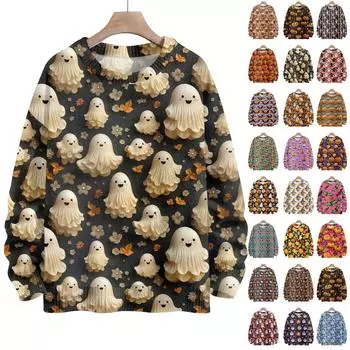 Свитшоты на Хэллоуин для женщин, вязаный свитер, милая рубашка, осенний свитер с круглым вырезом, топы L циан