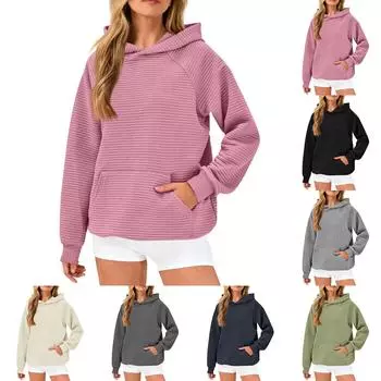 Свитшоты с длинным рукавом для женщин, свободные повседневные однотонные туники с капюшоном, модные текстурные пуловеры, топы на осень с карманом L армия зеленый