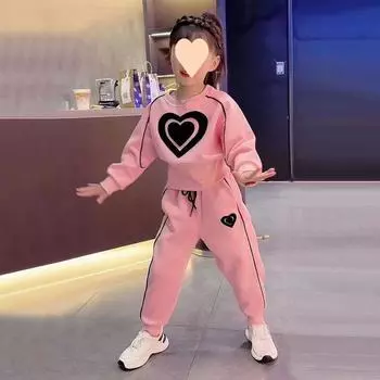 Свитшоты с принтом O-образным вырезом для девочек, модные топы с длинными рукавами, детский спортивный костюм, мешковатые штаны для бега, комплект из 2 предметов 160cm розовый