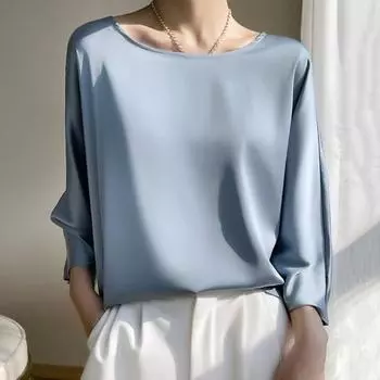 Свободная блузка большого размера 45355 с расклешенными рукавами и круглым вырезом, однотонная гладкая атласная тонкая футболка, уличная одежда 2XL темно-зеленого