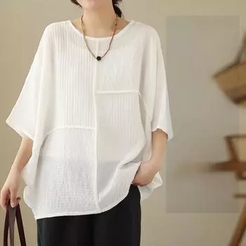 Свободная блузка из хлопка и льна большого размера, женская футболка с круглым вырезом и рукавами «летучая мышь», летние блузки с короткими рукавами L белый