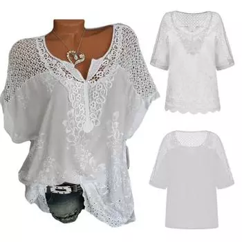 Свободная блузка с v-образным вырезом и вышивкой, футболка с коротким рукавом, женский топ XXXL белый