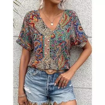 Свободная блузка с v-образным вырезом и принтом пейсли, винтажная блузка с короткими рукавами для весенне-летней женской одежды XL оранжевый