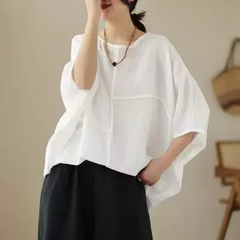 Свободная блузка женская летняя льняная футболка с коротким рукавом XXXXXL белый