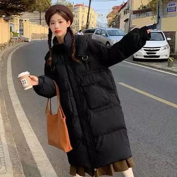Свободная длинная утепленная куртка-пуховик 2024 года, новая модная куртка-стойка с капюшоном из белого утиного пуха, зимняя одежда S чёрный