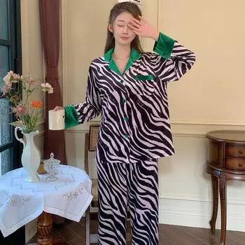 Свободная домашняя одежда женская рубашка брюки мягкая пижама 2 шт пижама костюм роскошный зебровый принт ночная одежда осень-зима домашняя одежда M