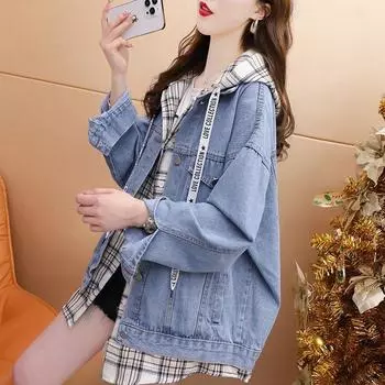 Свободная джинсовая куртка из двух частей с капюшоном и имитацией под джинсовую куртку для женщин весна-осень 2024 года, новый весенний топ в иностранном стиле, универсальный топ в ленивом стиле S (recommended within 57.5 kg) синий