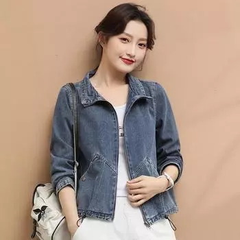 Свободная джинсовая куртка с воротником-стойкой и длинными рукавами для женщин, осенняя новая лоскутная универсальная короткая бейсбольная куртка M