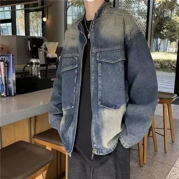 Свободная джинсовая куртка с застежкой-молнией в американском стиле для мужчин и женщин, стираная куртка с большим карманом в стиле High Street Tooling M синий