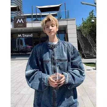 Свободная джинсовая куртка в американском стиле с эффектом потертости и выстиранной текстурой, мужская весенне-осенняя новая модная повседневная куртка на молнии M