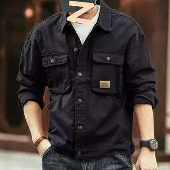 Свободная джинсовая куртка в японском стиле Харадзюку с длинным рукавом, винтажный кардиган для мужчин, повседневные топы-карго M