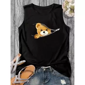 Свободная футболка без рукавов с большим повседневным круглым вырезом и летним мультяшным принтом медведя, подходит для женщин S