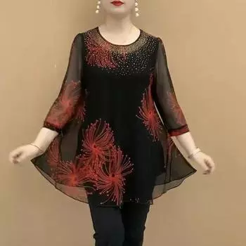 Свободная футболка большого размера для мамы, тонкая футболка средней длины из эластичной сетки XL жёлтый