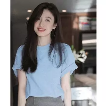 Свободная футболка французского синего цвета с короткими рукавами в элитном стиле, идеально подходящая для весны и лета. S синий