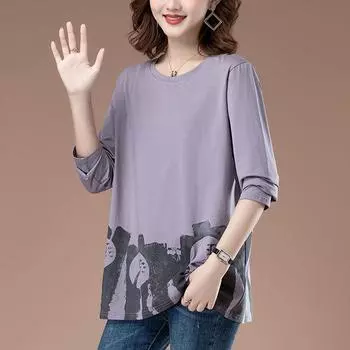 Свободная футболка из чистого хлопка с длинными рукавами для женщин среднего возраста больших размеров для верхней одежды в стиле вестерн, базовая рубашка на весну и осень L