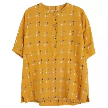 Свободная футболка из хлопка и льна с короткими рукавами, женская клетчатая футболка с верхним воротником, повседневная женская футболка с полуоткрытым воротником M зелёный