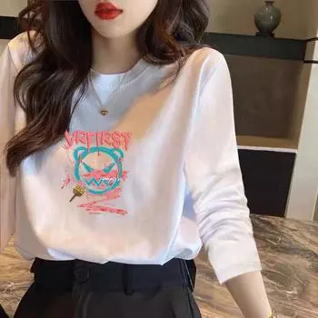 Свободная футболка с длинными рукавами для пары из чистого хлопка с круглым вырезом, женская нижняя рубашка с принтом S