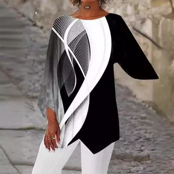 Свободная футболка с геометрическим принтом и рукавами три четверти на весну и лето 2023 года с неровным подолом S