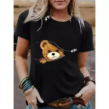 Свободная футболка с коротким рукавом и круглым вырезом с принтом «Медведь на молнии» для женщин S