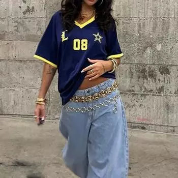 Свободная футболка с принтом и V-образным вырезом Y2K Summer Trendy Women S синий