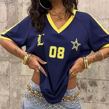Свободная футболка с принтом и V-образным вырезом Y2K Summer Trendy Women S синий