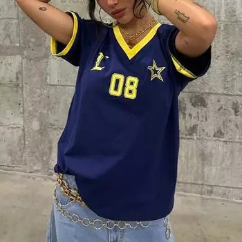 Свободная футболка с принтом и V-образным вырезом Y2K Summer Trendy Women S синий