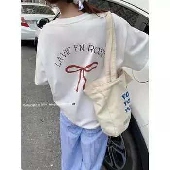 Свободная футболка с рисунком и бантом, летние женские хлопковые футболки большого размера, топ # korean y2k, ткань e-girl, сказочная эстетика гранжа 2000-х годов S