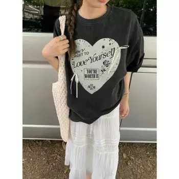 Свободная футболка с рисунком и бантом, летние женские повседневные футболки большого размера, топ # korean y2k, ткань e-girl, сказочная эстетика гранжа 2000-х годов One Size чёрный