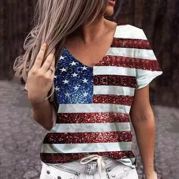 Свободная футболка с v-образным вырезом и короткими рукавами. Повседневная футболка с принтом флага США. Независимость. L белый