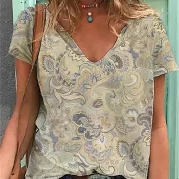 Свободная футболка, женская летняя мода, женские топы с 3d винтажным принтом и v-образным вырезом и короткими рукавами, футболки, новые женские футболки большого размера Y2k XL