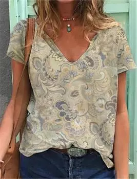 Свободная футболка, женская летняя мода, женские топы с 3d винтажным принтом и v-образным вырезом и короткими рукавами, футболки, новые женские футболки большого размера Y2k XL