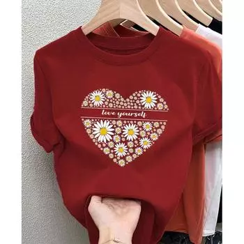 Свободная футболка женская новая с принтом любви корейская версия футболка с короткими рукавами свободная женская студенческая летняя футболка свободного покроя COD 2XS