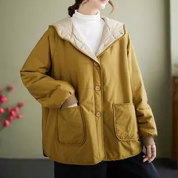 Свободная хлопковая куртка с капюшоном, простая повседневная хлопковая одежда, женская куртка с длинными рукавами, теплая куртка из хлеба, новая мода на осень и зиму one size жёлтый