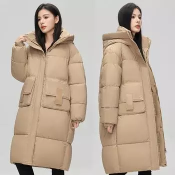 Свободная и модная куртка с капюшоном на хлопковой подкладке для женщин, длинная утепленная куртка до колена на хлопковой подкладке M чёрный