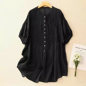 Свободная и тонкая рубашка средней и длинной длины из хлопка и льна с вышивкой, женская летняя новая повседневная кофточка с V-образным вырезом и короткими рукавами L чёрный