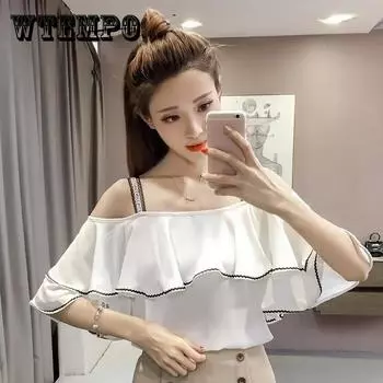 Свободная и тонкая шифоновая рубашка, маленькая свежая однотонная рубашка с воротником, сексуальная блузка с рюшами, женская шифоновая рубашка без бретелек S чёрный