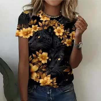 Свободная и удобная черная футболка с коротким рукавом, с ярким леопардовым принтом и золотыми цветами, подходит для женщин 2XS