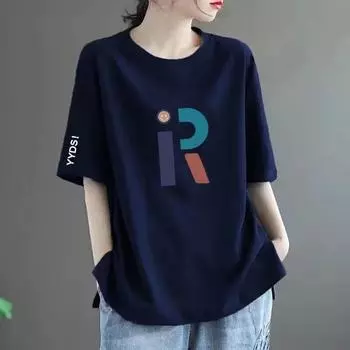 Свободная и универсальная футболка с коротким рукавом средней длины с принтом для женщин M recommends within 50kg