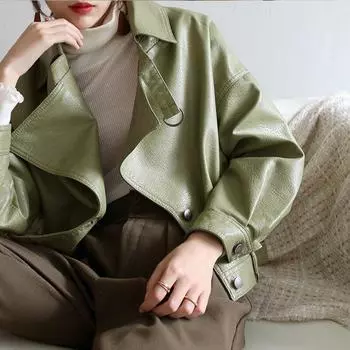 Свободная искусственная кожа с рукавами «летучая мышь», винтажная кожаная куртка, уличная повседневная верхняя одежда, женское байкерское кожаное пальто, разноцветное S армия зеленый