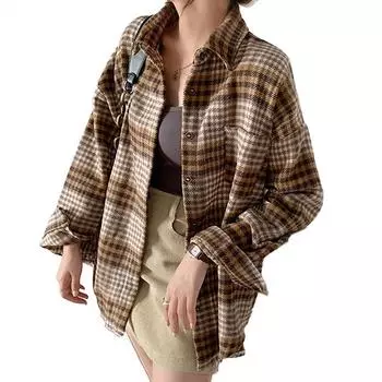 Свободная клетчатая женская рубашка с зимними карманами и рукавами «летучая мышь» с отложным воротником, толстая блузка, повседневная верхняя одежда S синий