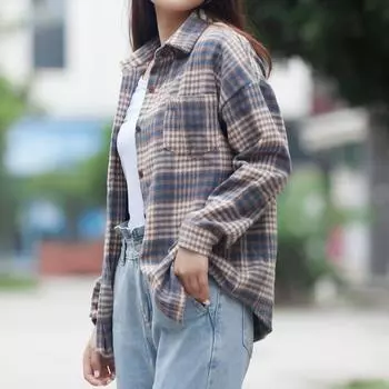 Свободная клетчатая женская рубашка с зимними карманами и рукавами «летучая мышь» с отложным воротником, толстая блузка, повседневная верхняя одежда S хаки
