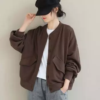 Свободная короткая куртка из хлопка с длинными рукавами, весенняя, новая, однотонная, воротник-стойка, универсальная, повседневная, закрывающая мясо и тонкий верх M [95-55 kg] темно-коричневого